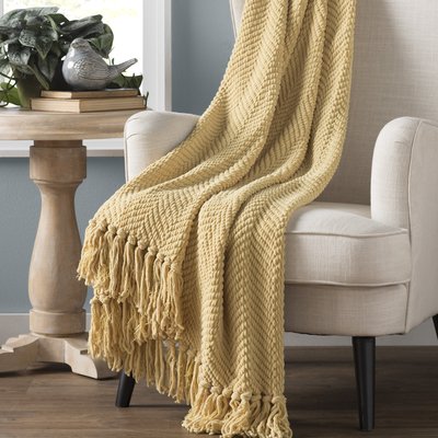 Jojoba Yellow Polyester Knitted Woven Knotted Throw