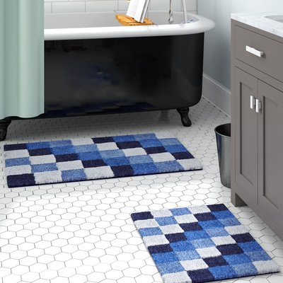 Blue Rectangle Cotton Bath Rug