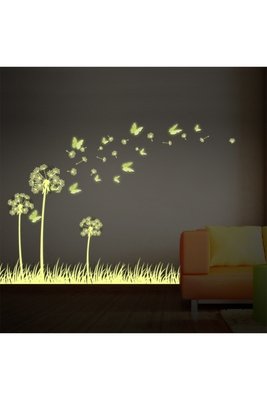 Green Vinyl Floral Glow In Dark 3D Butterfly And Dandelion Wall Decal