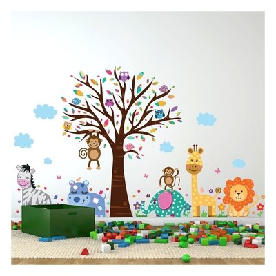 Happy Zoo Brown Blue Yellow Matte PVC Children&rsquo;s Wall Decal