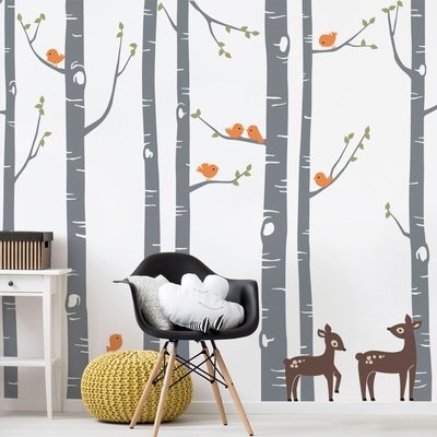 Matte Vinyl Floral Birch Tree with Bird And Deer Wall Decal