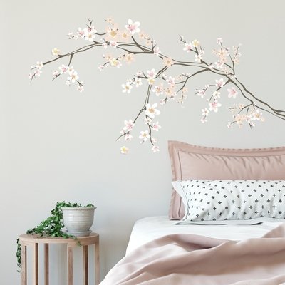 Pink White Peach Matte Vinyl Floral Cherry Blossom Branch Peel And Stick Giant Wall Decal