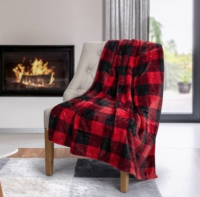 Red Black Polyester Fleece Quilted Woven Ribbed Ultra Soft Throw