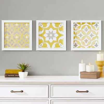 Three Geometric Piece Framed Graphic Art Print Set On Wood