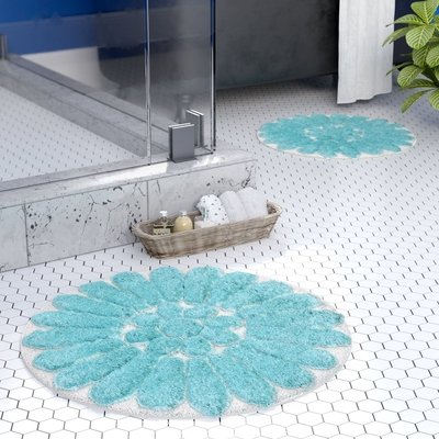 White Aqua Circle Cotton Bath Rug