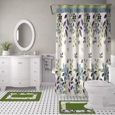 Green Polyester Floral Shower Curtain Set